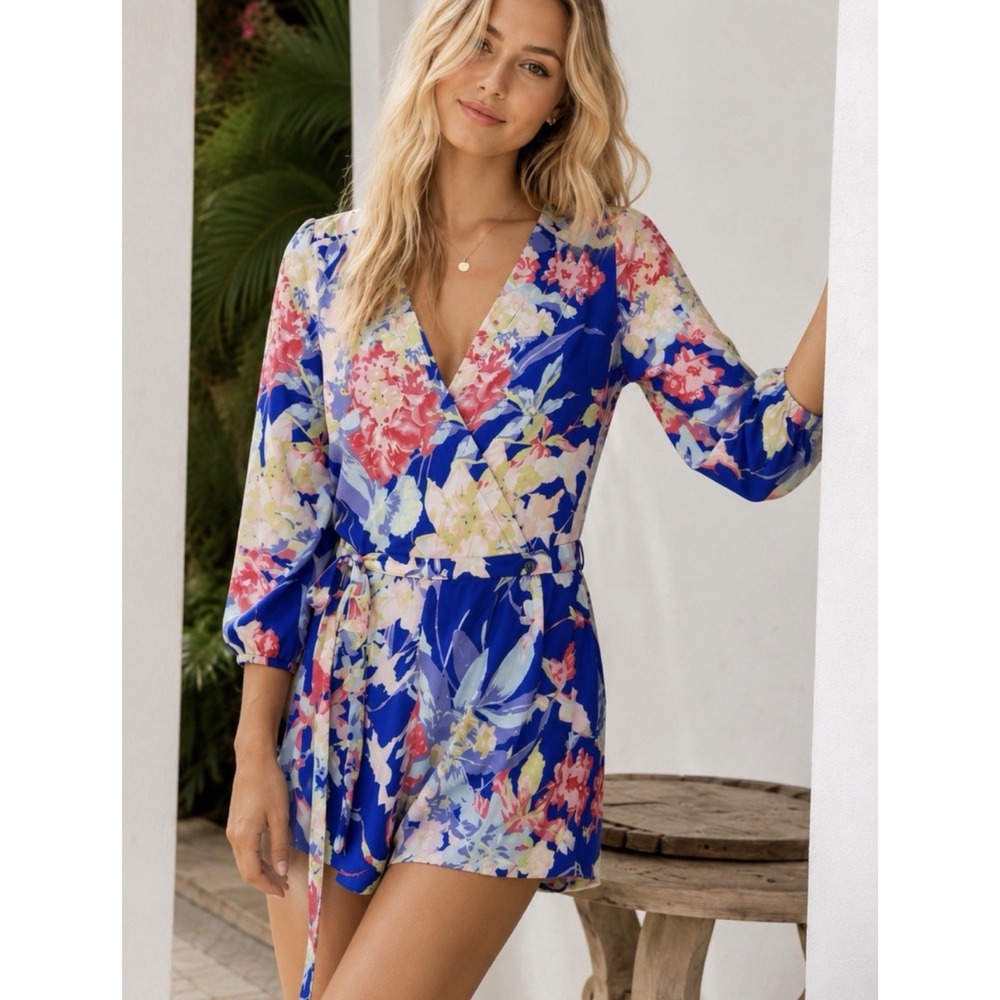 Yumi Kim Women's 100% silk Liz Romper blue zean floral print 3/4 sleeve SZ S